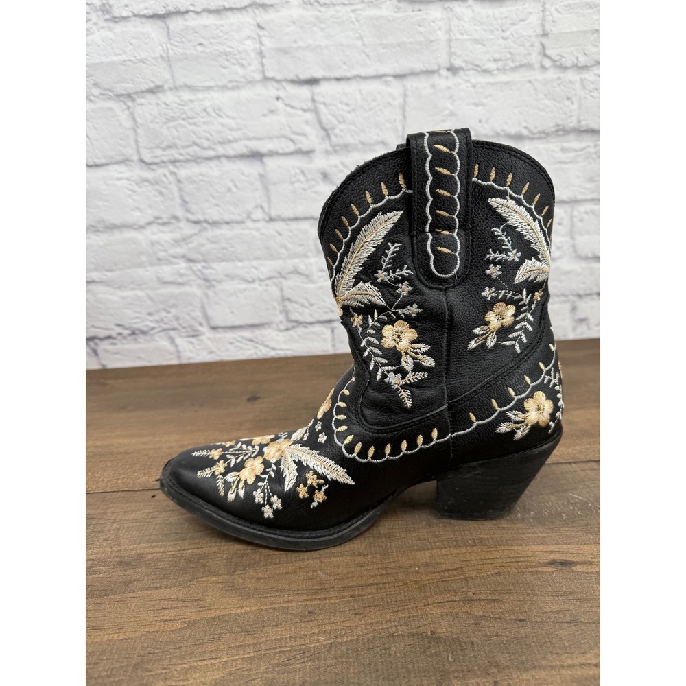 Dingo Primrose Women's 7 Black Leather Floral Embroidered Western Booties - Picture 11 of 13